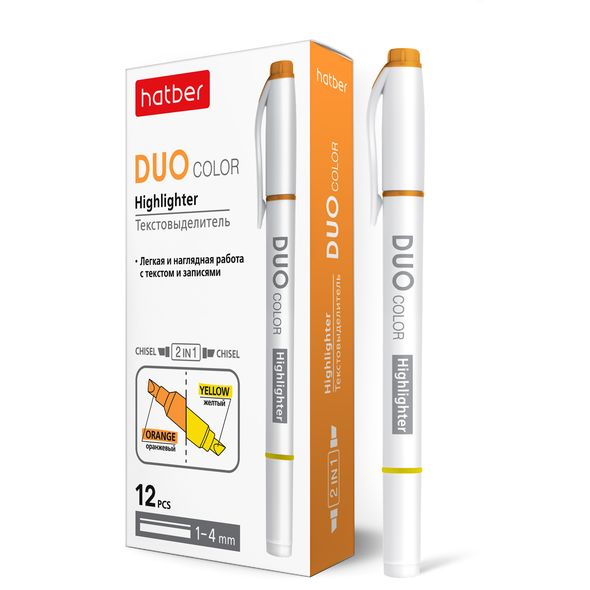 Текстовыделитель Hatber DUO двухцветный клиновидный пишущий узел 12шт. в картонной коробке  Оранжевый+Желтый , 